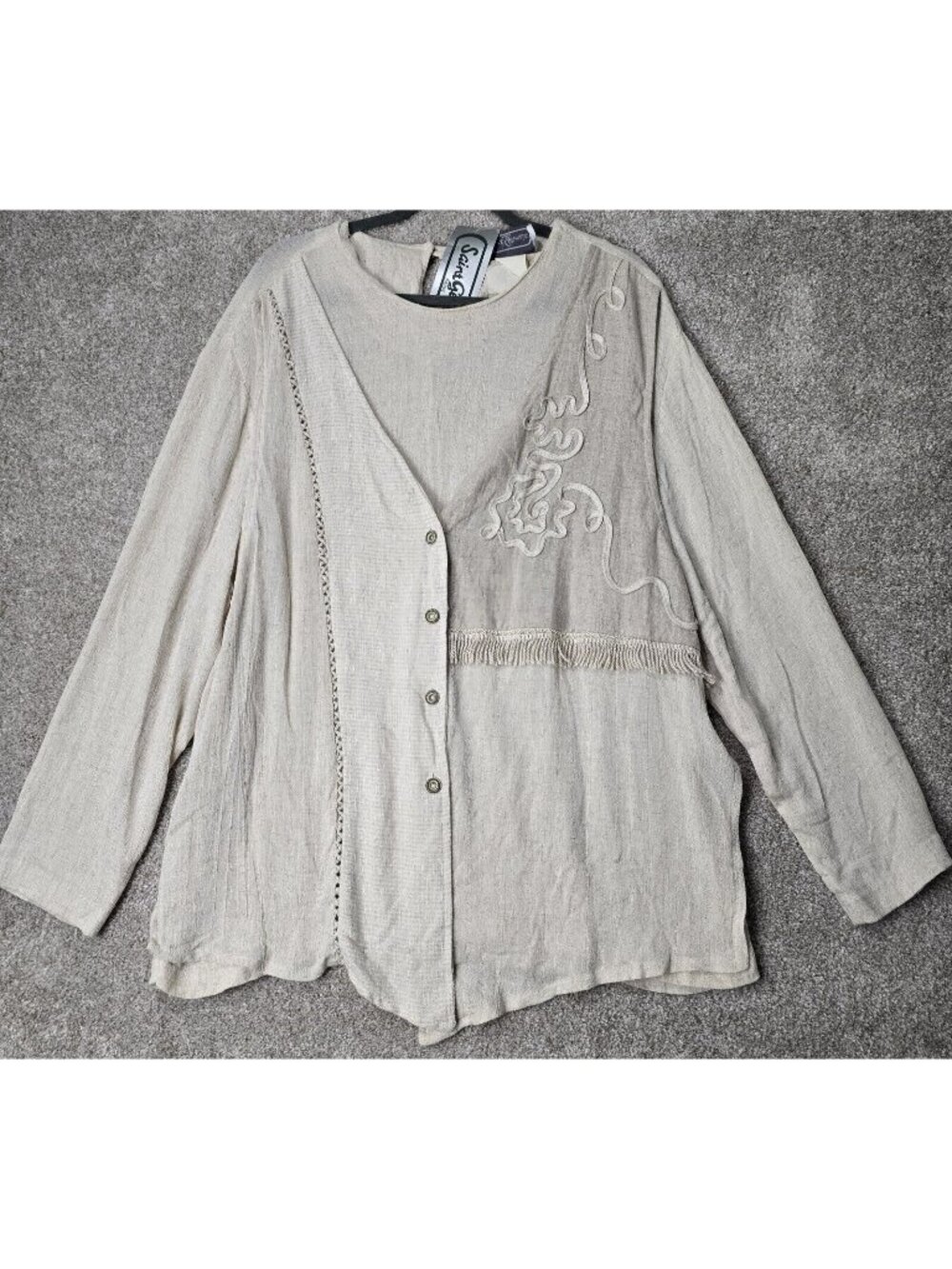Saint Germain Paris Linen Blend Tunic Top Beach Boho Fringe USA Made Women's XL